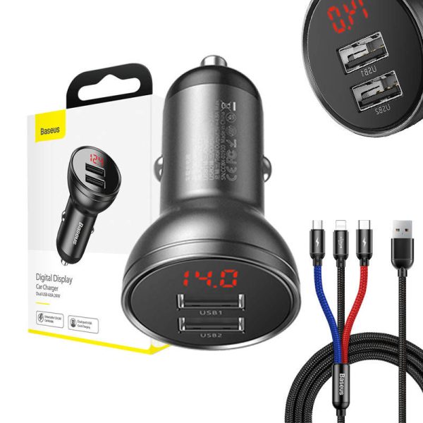 Baseus 24W Dual USB Digital Display Car Charger with 3-in-1 Cable (1.2M Black Suit Grey) and Three Primary Colors, 4.8A.