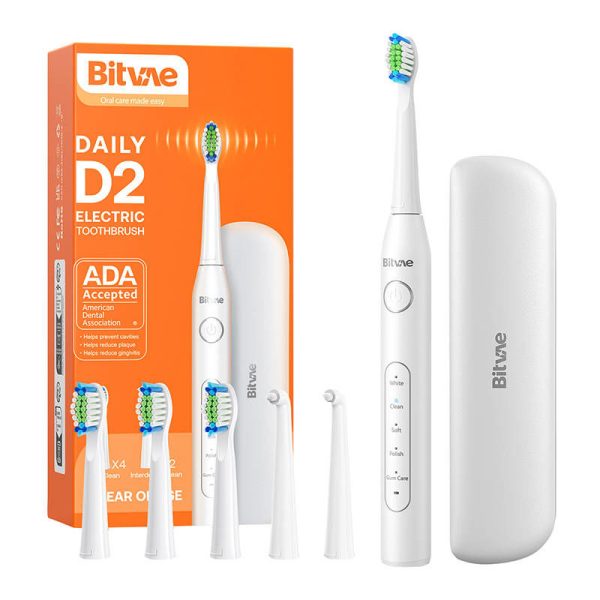 Sonic Toothbrush with Replacement Tips and Travel Case D2 (White)