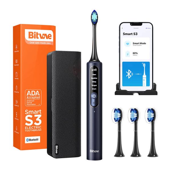 Sonic Toothbrush S3 (Black) with App, Tips Set, Travel Case, and Toothbrush Holder