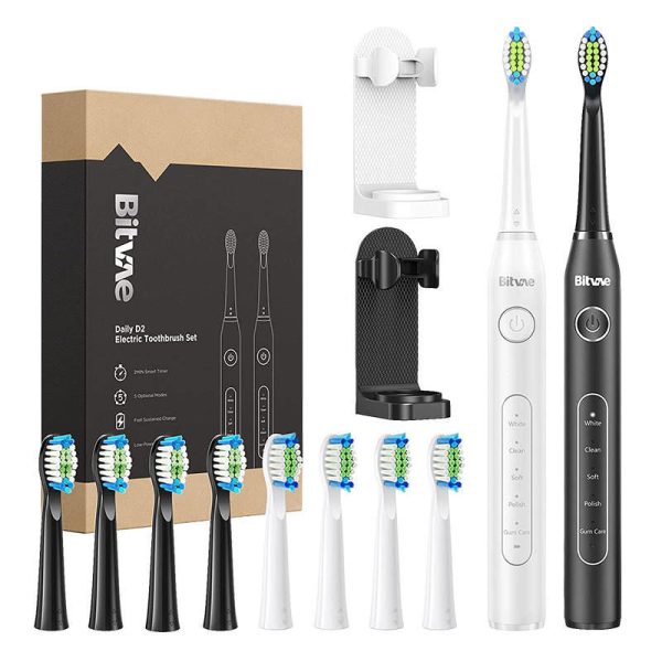 Bitvae D2+D2 Sonic Toothbrush Set with 2 Holders (White and Black)