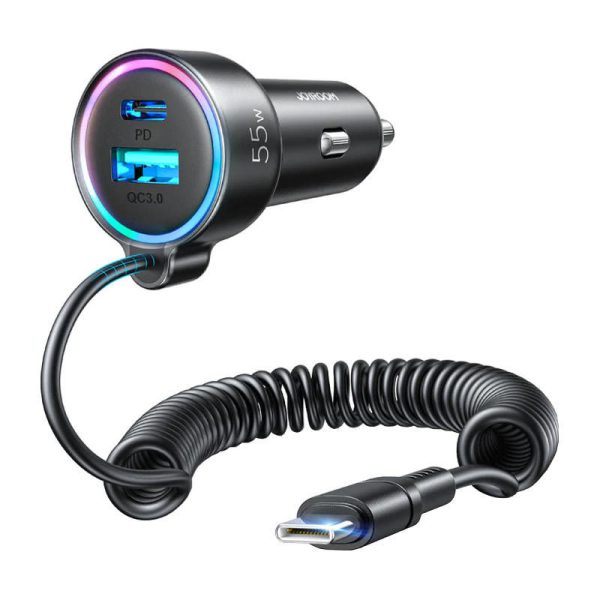 Joyroom JR-CL07 3-in-1 Car Charger with 1x USB, 1x PD, 55W and Black Type-C Cable