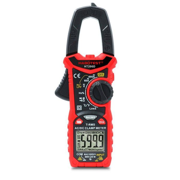 Habotest HT206D Digital Clamp Meter with True RMS, Non-Contact Voltage Detection, and Low-Pass Filter.