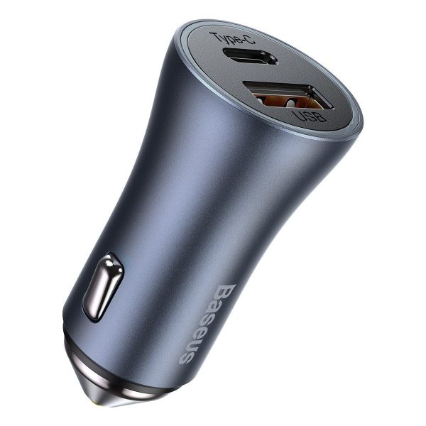 Baseus Gray Contactor Pro Car Charger, Dual USB + USB-C Ports, Quick Charge 4.0+, Power Delivery, Safe Charging Protocol, 40W