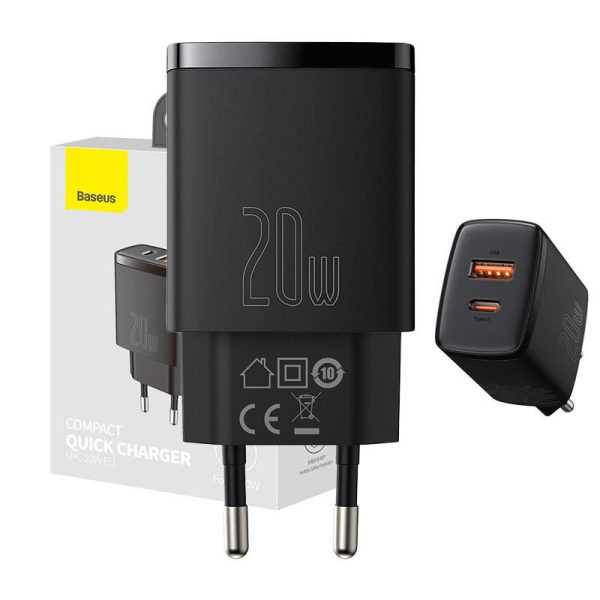 Baseus 20W Quick Charger, USB and USB-C (Black)