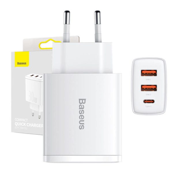 Baseus Compact Quick Charger Wall Adapter, 2xUSB, USB-C, PD, 3A, 30W (White)