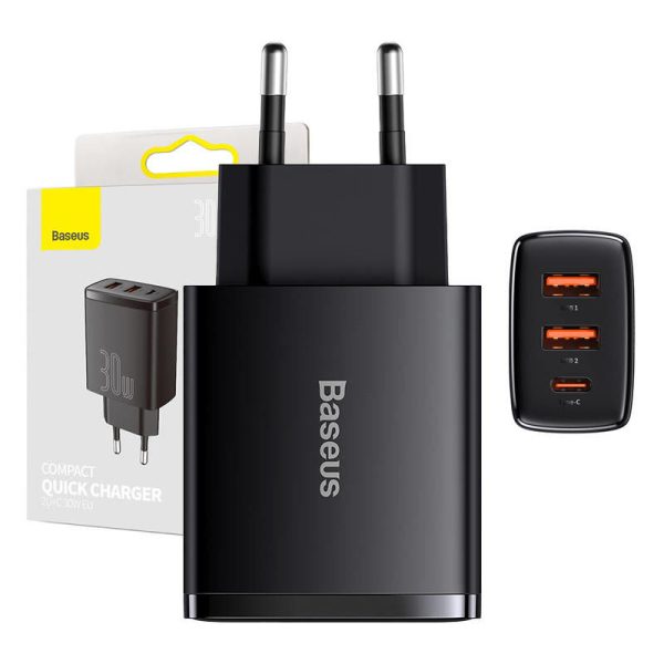 Baseus Compact Quick Charger with 2 USB Ports, USB-C, PD, 3A, 30W (Black)