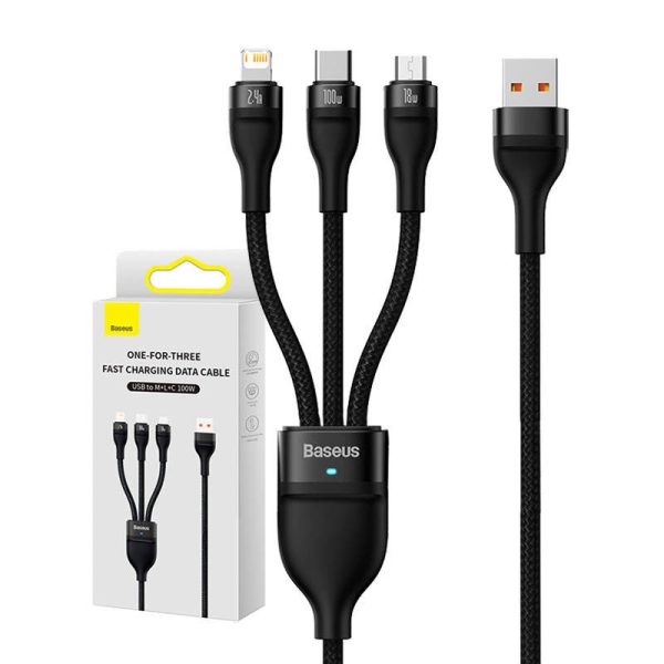 3in1 USB cable Baseus Flash Series, USB-C + micro USB + Lightning, 100W, 1.2m (black)