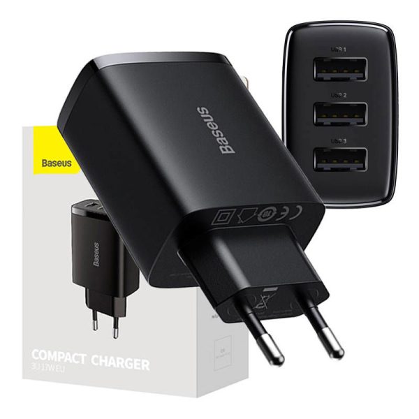 Baseus Compact Quick Charger, 3x USB, 17W (Black)