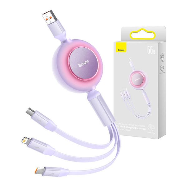 Baseus Bright Mirror 3, USB 3-in-1 cable for micro USB / USB-C / Lightning 66W / 2A 1.1m (Purple)