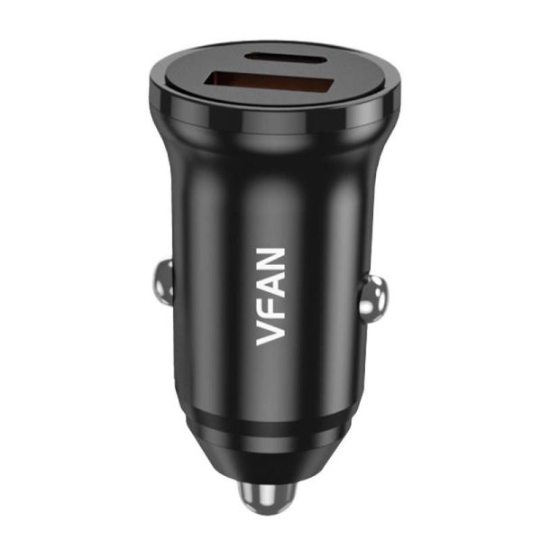 Car charger VFAN C03, USB + USB-C, 20W, PD + QC 3.0 (black)