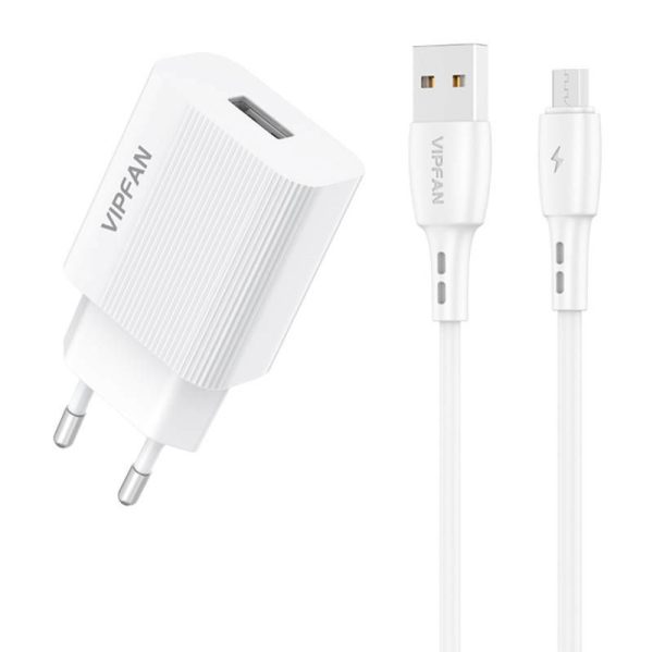 Mains charger VFAN E01, 1x USB, 2.4A + Micro USB cable (white)