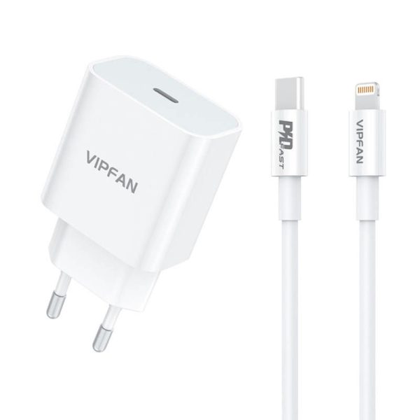 Wall charger VFAN E04, USB-C, 20W, QC 3.0 + Lightning cable (white)