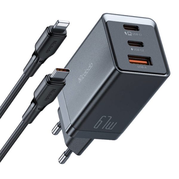 Mcdodo CH-1544 GaN wall charger, 2x USB-C, 1x USB, 67W + USB-C to USB-C cable (black)