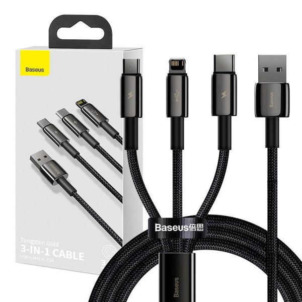 USB cable 3in1 Baseus Tungsten Gold, USB to micro USB / USB-C / Lightning, 3.5A, 1.5m (black)