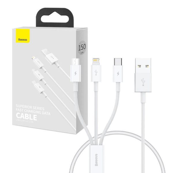 Quick Charge USB to M+L+C  Baseus Superior Data 3.5A 0,5m (White)