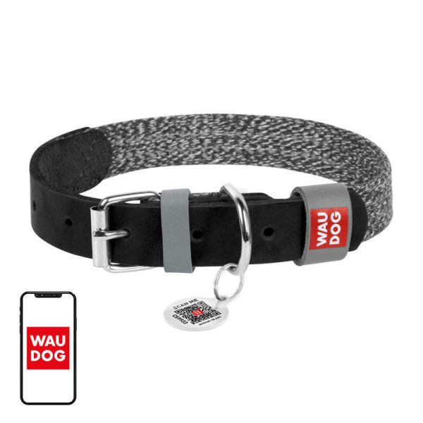 Dog collar made of natural leather and recycled material with QR code Waudog size S, width 15 mm, black