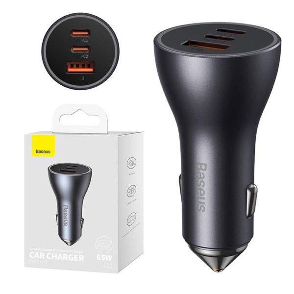 Car charger Baseus Golden Contactor Pro, 2x USB-C, 1x USB, 65W (grey)