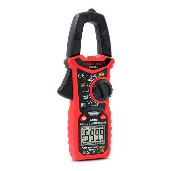 Habotest HT206D Digital Clamp Meter with True RMS, Non-Contact Voltage Detection, and Low-Pass Filter.
