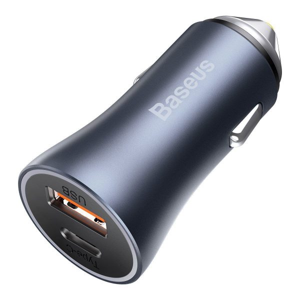 Baseus Gray Contactor Pro Car Charger, Dual USB + USB-C Ports, Quick Charge 4.0+, Power Delivery, Safe Charging Protocol, 40W