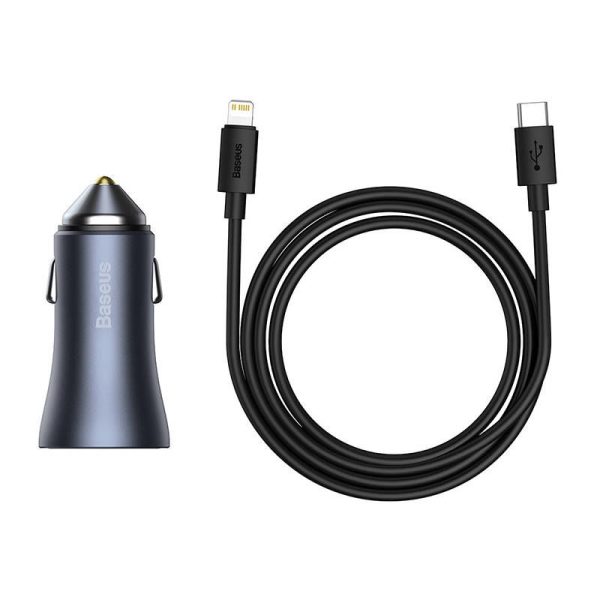 Baseus 40W USB + USB-C Golden Contactor Pro Car Charger with QC4.0+, PD, SCP (Dark Gray) plus Type-C to iP 1m Black Cable