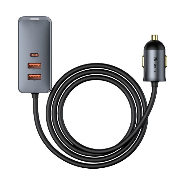 Baseus Share Together Car Charger Kit with Extension Cord, 3x USB, USB-C, 120W (Gray)