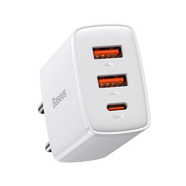 Baseus Compact Quick Charger Wall Adapter, 2xUSB, USB-C, PD, 3A, 30W (White)