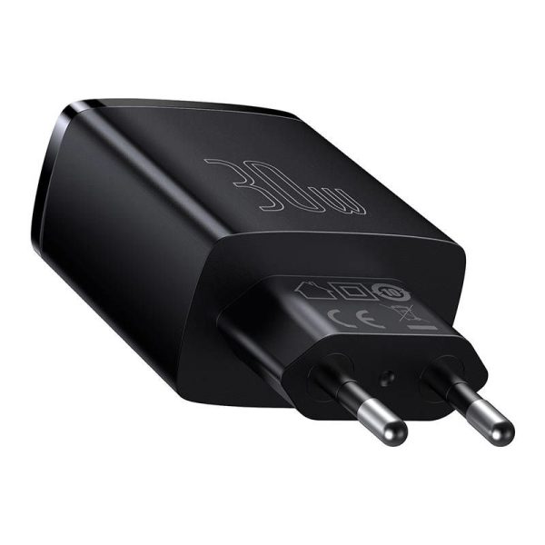 Baseus Compact Quick Charger with 2 USB Ports, USB-C, PD, 3A, 30W (Black)