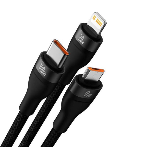 3in1 USB cable Baseus Flash Series 2, USB-C + micro USB + Lightning, 100W, 1.2m (black)