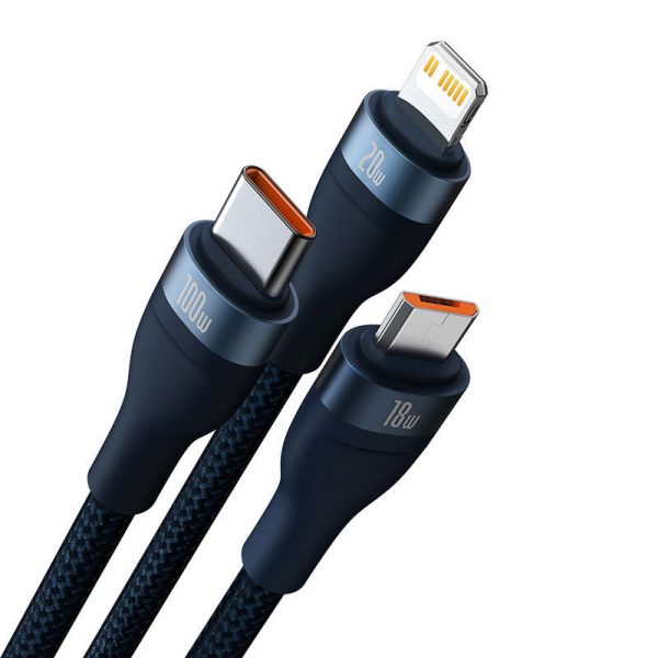 3in1 USB cable Baseus Flash Series 2, USB-C + micro USB + Lightning, 100W, 1.5m (blue)