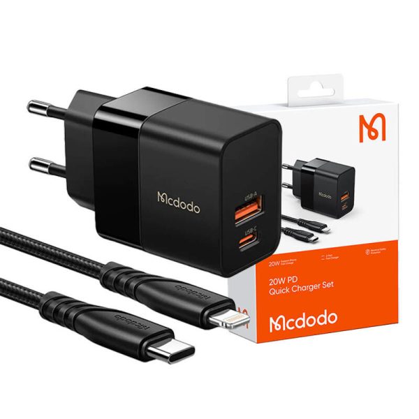 Wall charger Mcdodo CH-1952 USB + USB-C, 20W + USB-C to Lightning cable (black)