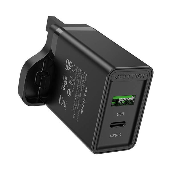 USB-A, USB-C Wall Charger Vention FBBB0-UK 18W/20W UK Black