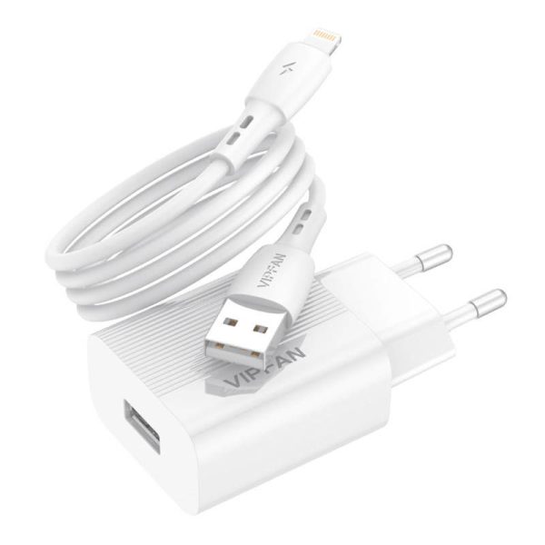 Network charger VFAN E01, 1x USB, 2.4A + Lightning cable (white)