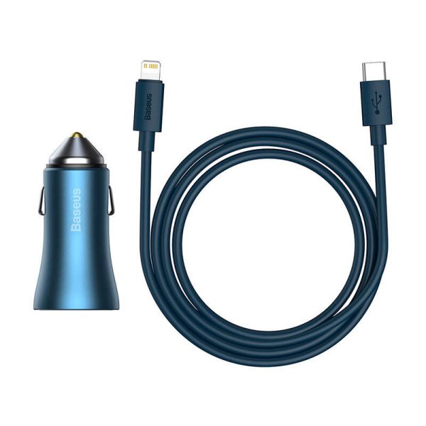 Baseus Golden Contactor Pro car charger, USB + USB-C, QC4.0+, PD, SCP, 40W (blue) + USB-C - Lightning cable 1m (blue)