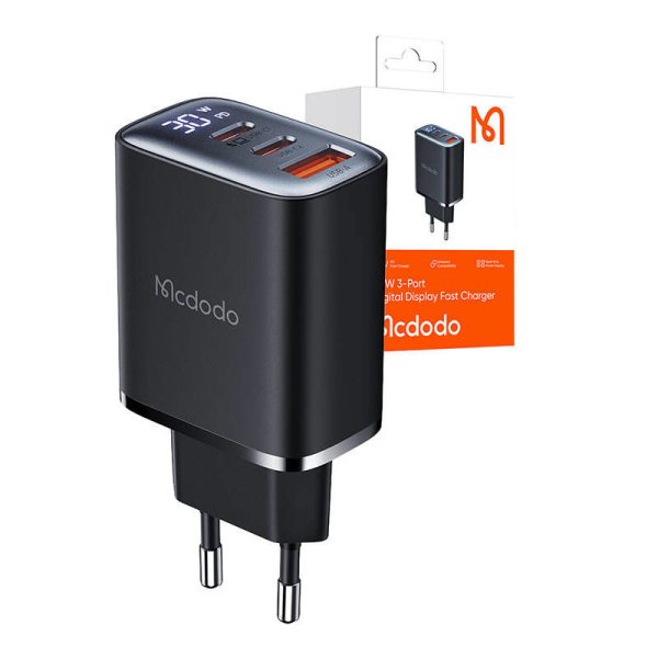 Mcdodo CH-2180 2xUSB-C + USB-A, 30W mains charger with display (black)