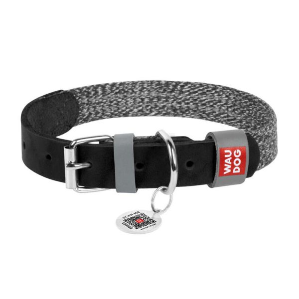 Dog collar made of natural leather and recycled material with QR code Waudog size M, width 20 mm, black