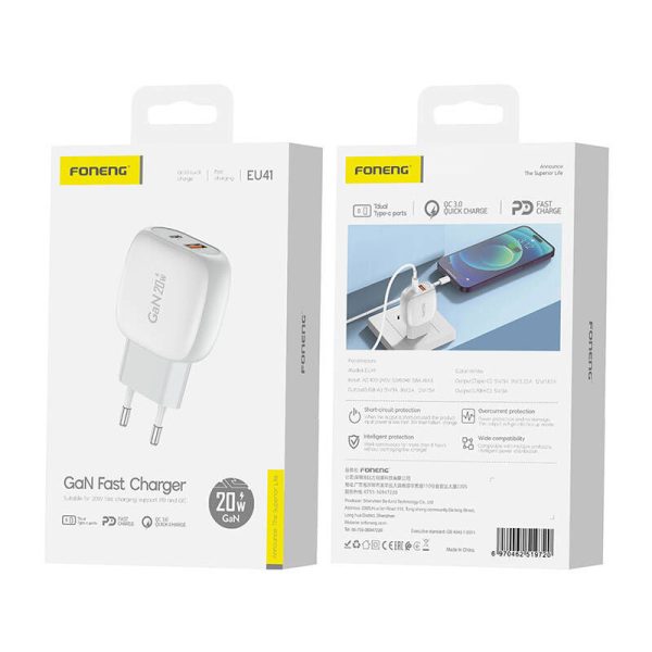 Foneng EU41 USB-C+USB-A 20W mains charger (white)