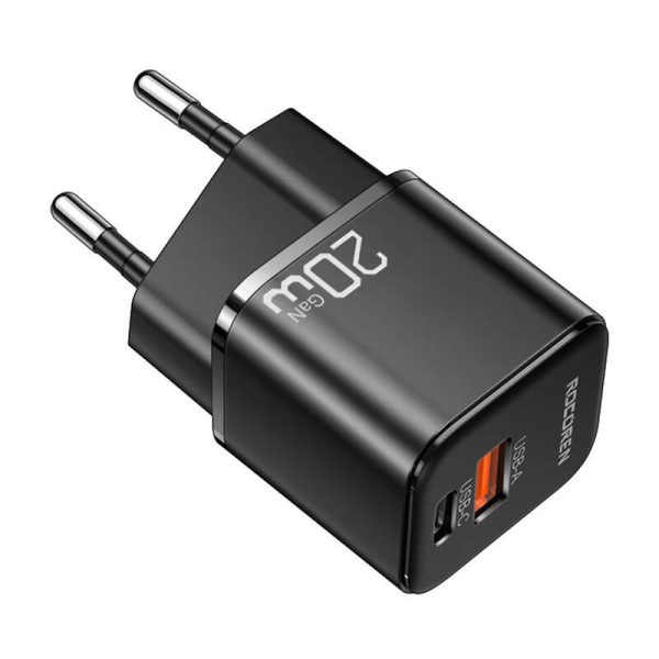 Wall charger MiniGaN Rocoren USB-C, USB, 20W (black)