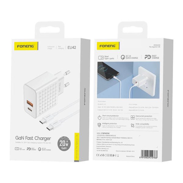 Foneng EU42 USB-C+USB-A 20W power charger + USB-C - USB-C cable (white)