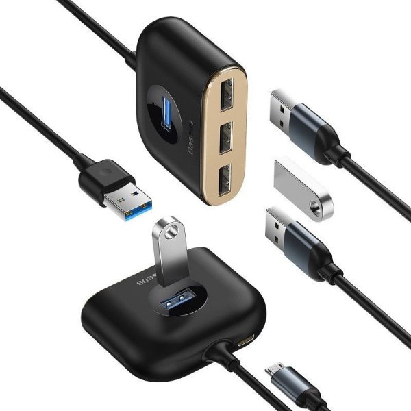 Baseus Vierkant Ronde USB Adapter, HUB USB 3.0 naar 1x USB 3.0 + 3x USB 2.0.1m (Zwart)