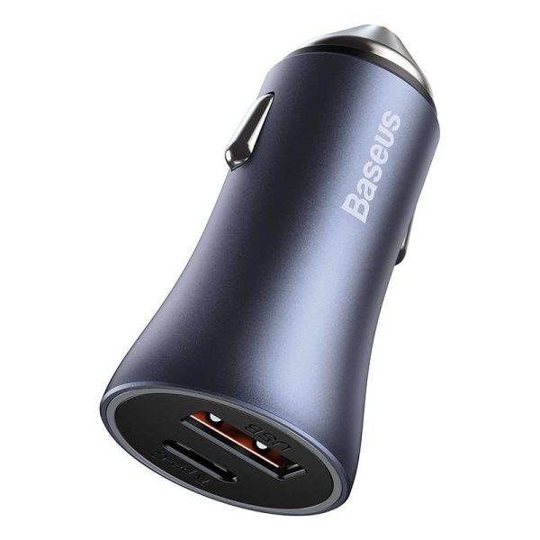 Baseus 40W USB + USB-C Golden Contactor Pro Car Charger with QC4.0+, PD, SCP (Dark Gray) plus Type-C to iP 1m Black Cable