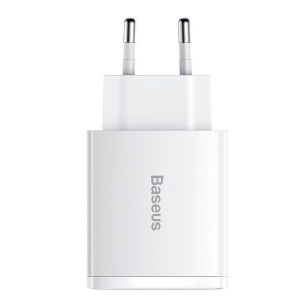 Baseus Compact Quick Charger Wall Adapter, 2xUSB, USB-C, PD, 3A, 30W (White)