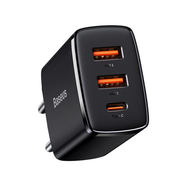 Baseus Compact Quick Charger with 2 USB Ports, USB-C, PD, 3A, 30W (Black)