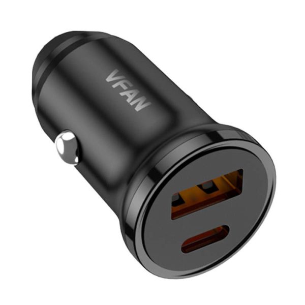 Car charger VFAN C03, USB + USB-C, 20W, PD + QC 3.0 (black)