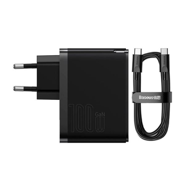 Wall charger Baseus GaN USB-C + USB, 100W + 1m cable (black)