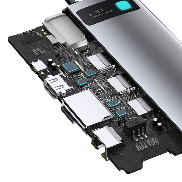 Baseus Metal Gleam Series 9-in-1 Hub with USB-C PD, HDMI, 3x USB 3.0, Ethernet RJ45, microSD/SD, and VGA Connectors