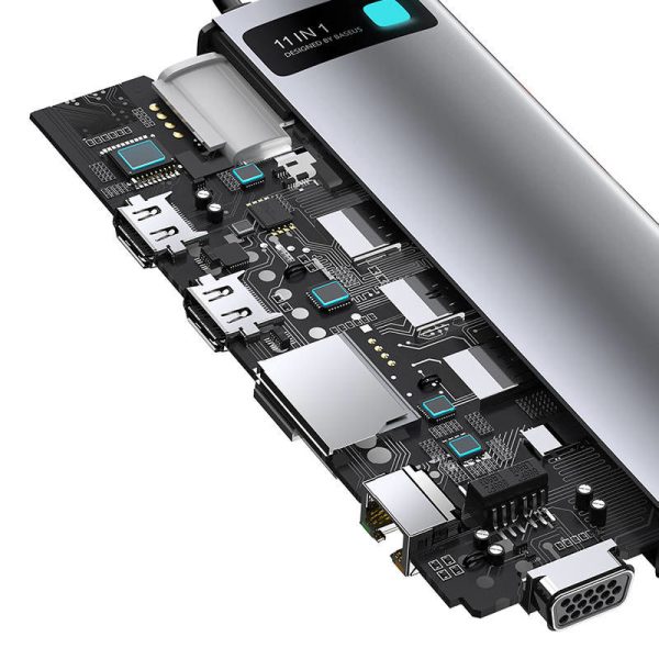 Baseus 11-in-1 Metal Gleam Series Hub with USB-C to 3x USB 3.0, 2x HDMI, USB-C PD, Ethernet RJ45, microSD/SD, VGA, and AUX Ports