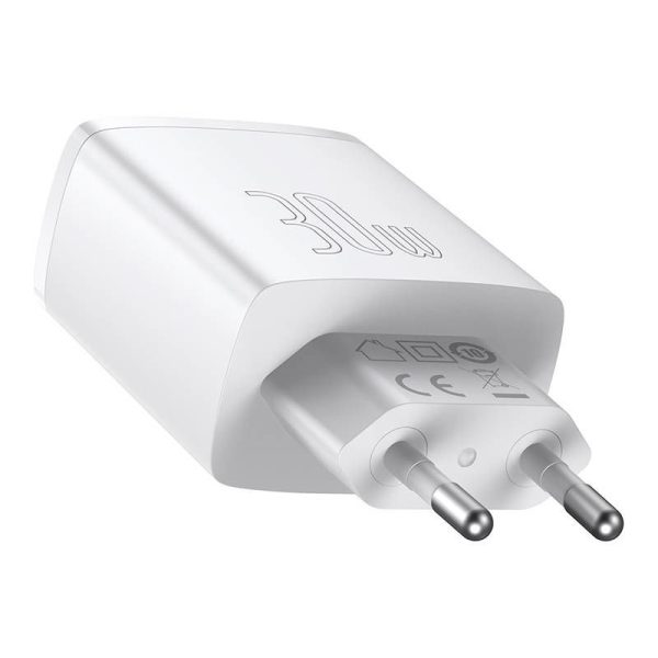 Baseus Compact Quick Charger Wall Adapter, 2xUSB, USB-C, PD, 3A, 30W (White)