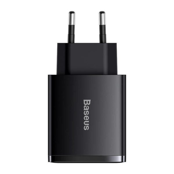 Baseus Compact Quick Charger with 2 USB Ports, USB-C, PD, 3A, 30W (Black)