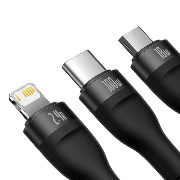 3in1 USB cable Baseus Flash Series, USB-C + micro USB + Lightning, 100W, 1.2m (black)