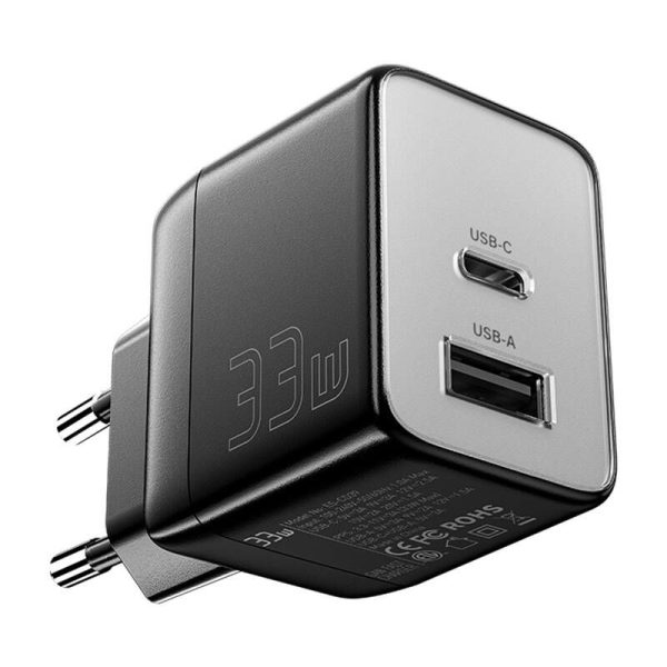 Wall charger, Essager, ECT33W-LJB01-Z, GaN, 1xUSB-A, 1xUSB-C, 33W (black)